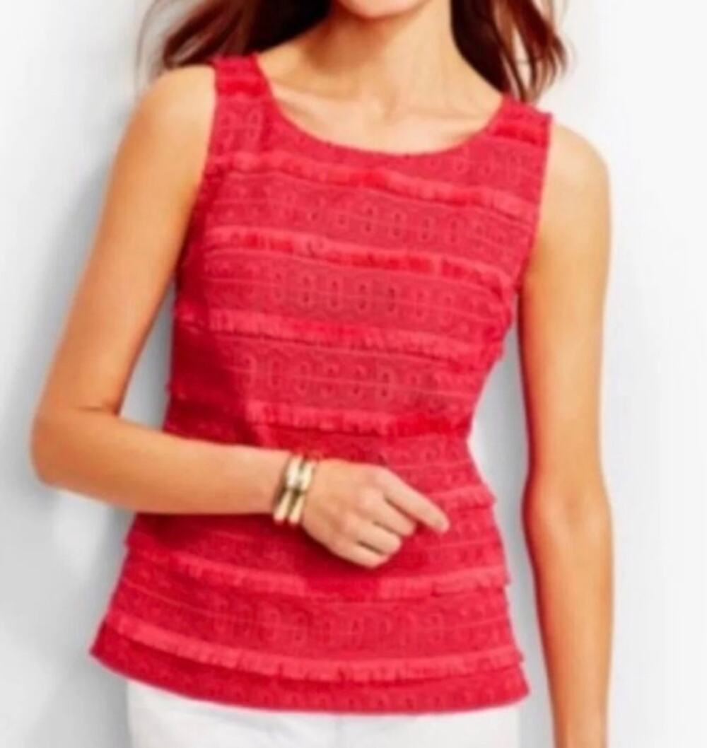 Talbots Womens 2 Petite Coral Pink Fringed Lace Sleeveless Boho Blouse Top